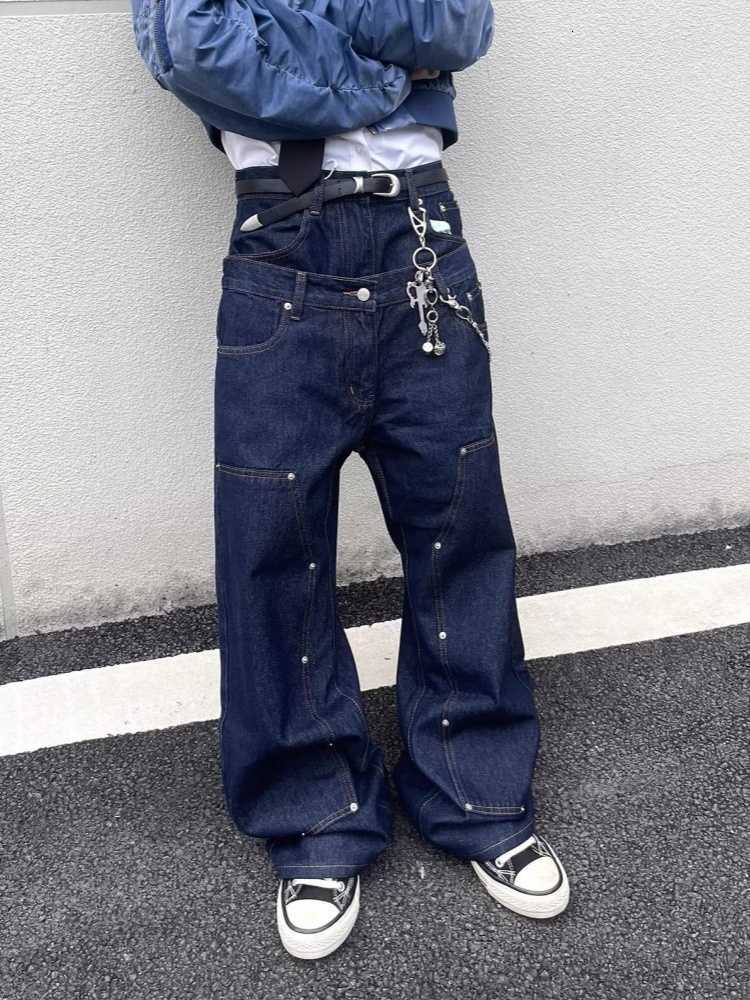 Double 2026 Style Trend Y2K Waistband Dark Blue Rivet Baggy Cargo Jeans Pants For Men Clothing Denim Trousers Ropa Hombre D260902