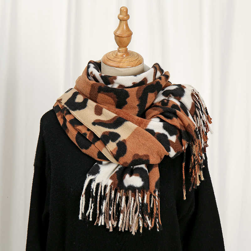 Imitation Cashmere Newest Tassel Scarf Leopard Print Color Blocks Splicing Together Shawl Wrap Winter Warm 2024 Hot Sale ScarfT260901 Z260917