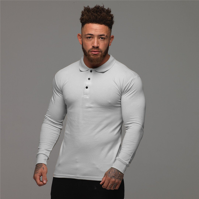 Designer European American muscular polo shirt autumn and winter sports long sleeve turn down collar men's fitness tight fitting clothing 71