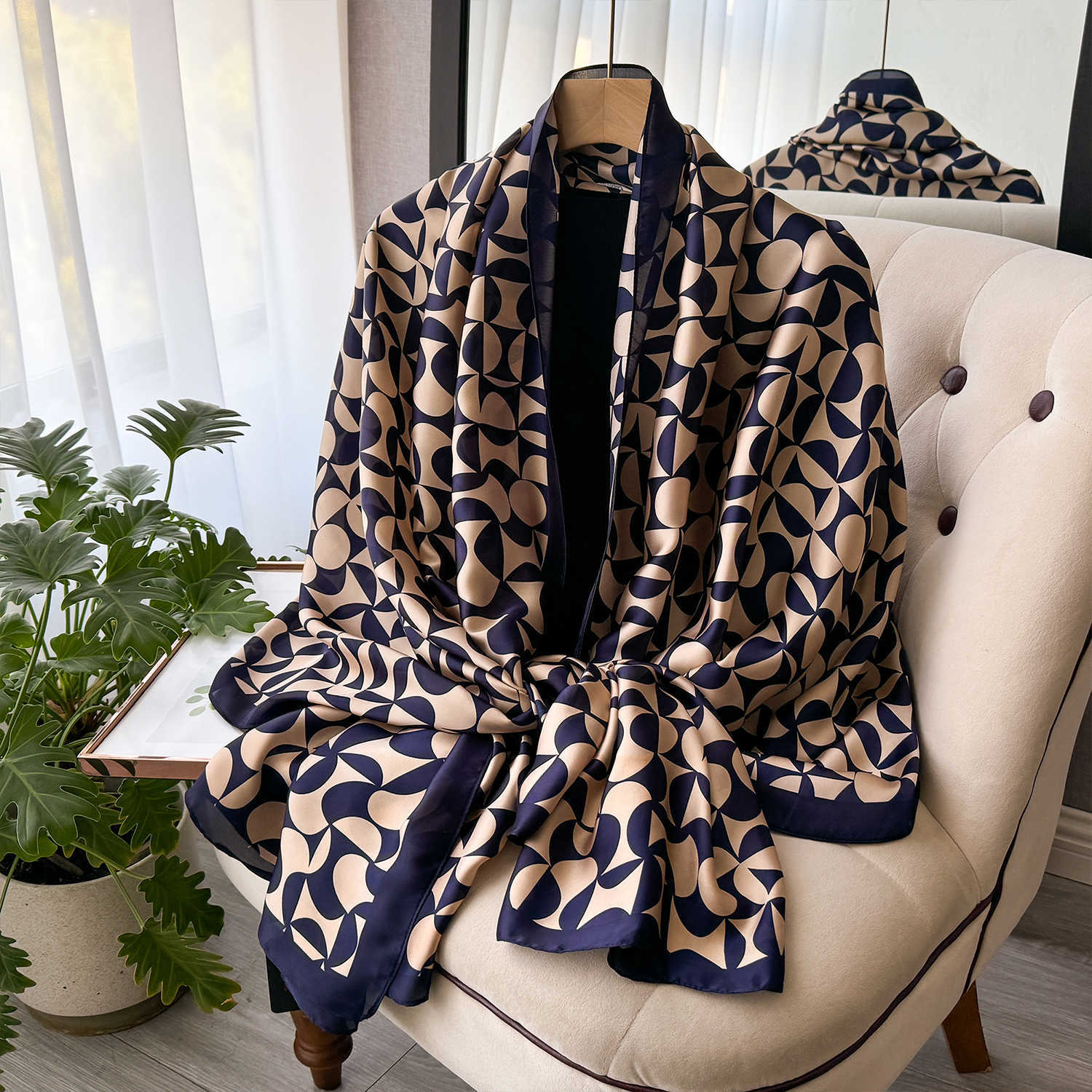 Design New Geometry Large Silk Soft Scarf Women Stylish Print Long Shawl Handkerchief Summer Sun protection Elegant Travel WrapT260901 Z260917