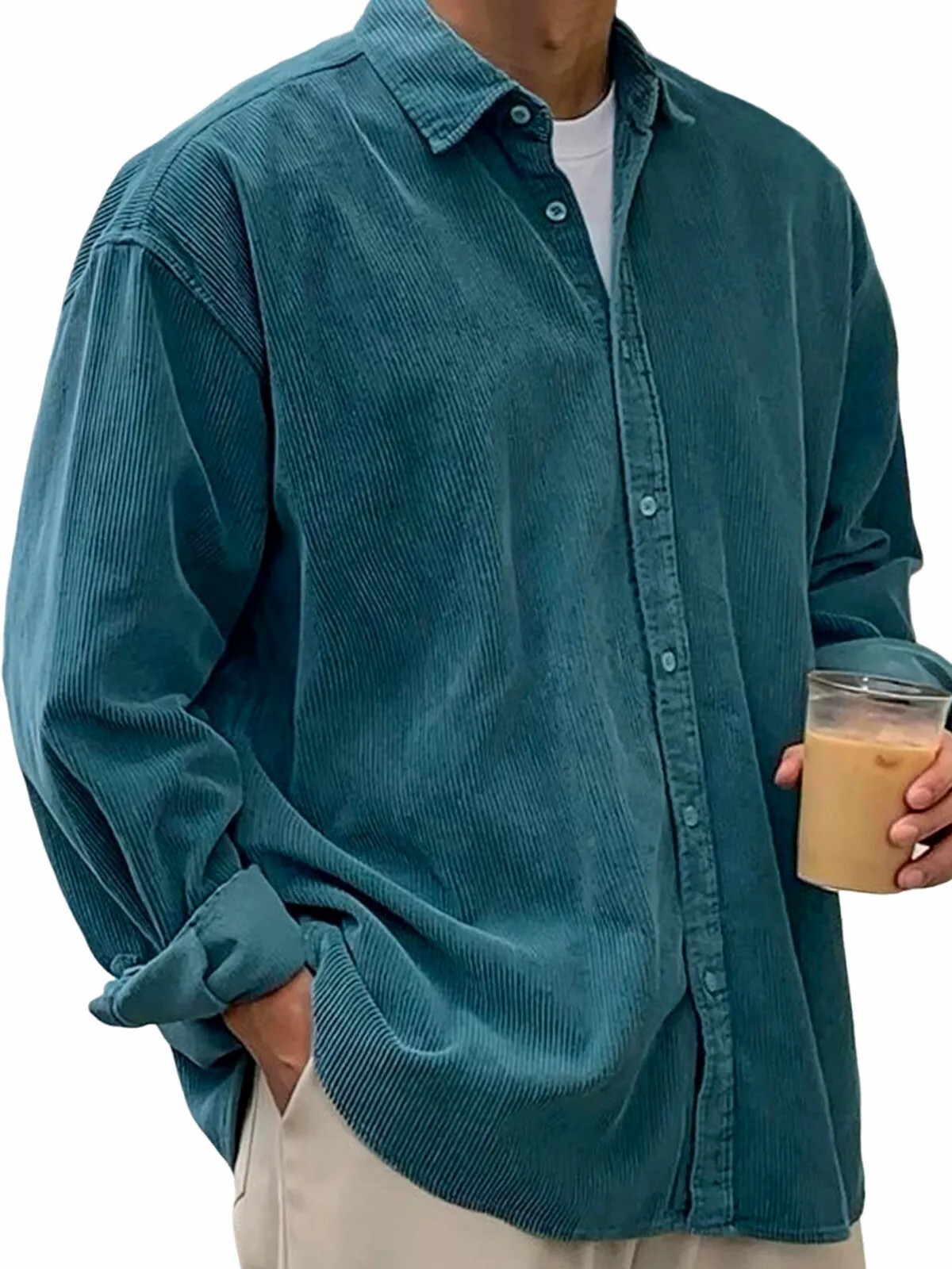 Designer European and American New Men's Casual Polo Solid Color Corduroy Turn Down Collar Shirt 03 f9