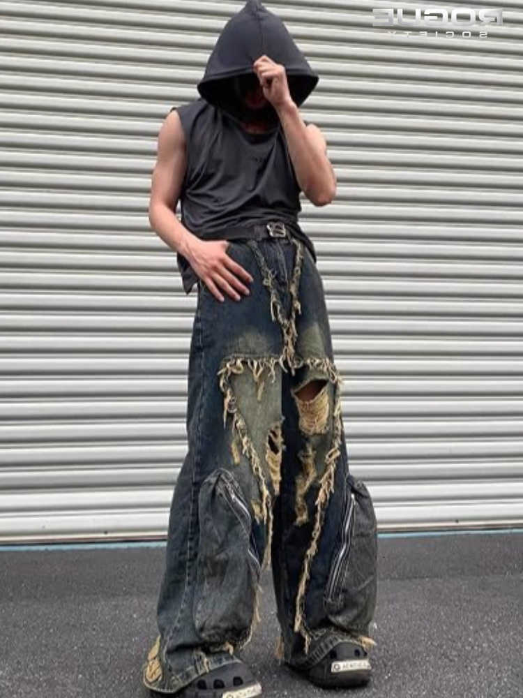 Burr American Fashion Wornout Splicing Edge Design Street Denim Pants Men 2026 New Trendy Personalized Male Jeans Y2K D260902