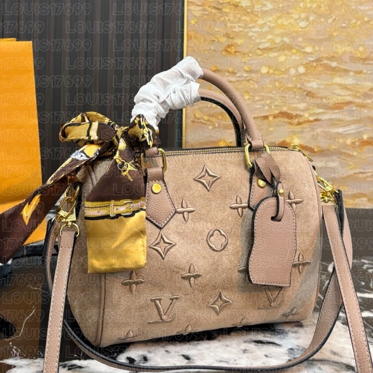 Luxury designer Fashion Embossed Women Boston Bag Top Handle Decor Silk Scarf Removable Crossbody Strap Speedyss Speedy25cm shopping bag wallet