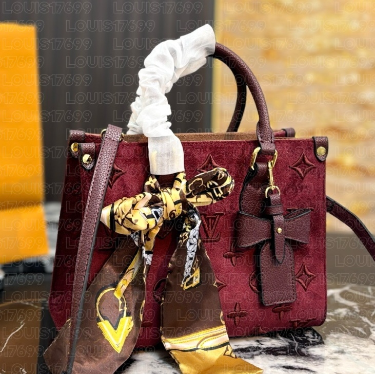 2026 new top designer Classic onthego Embossed Women Tote Bag Top Handle With Silk Scarf Bow Decor Removable Crossbody Strap shopping bag wallet 069