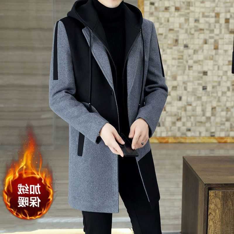 Sleeve Winter New Hooded Long Fashion Woolen Coat Man High Street Casual Contrast Color Patchwork Cardigan All-match Thick Top D260902