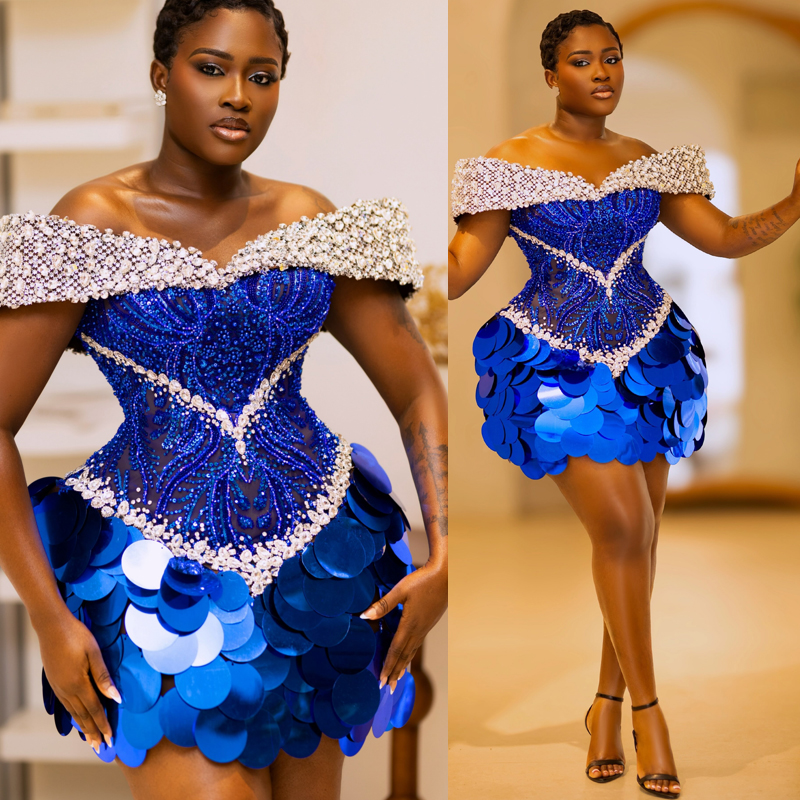 Plus Size Royal Blue Cocktail Dresses For Women Short Prom Dresses Illusion Off Shoulder Homecoming Dress Crystal Pearls Pleated Beaded Lace Birthda