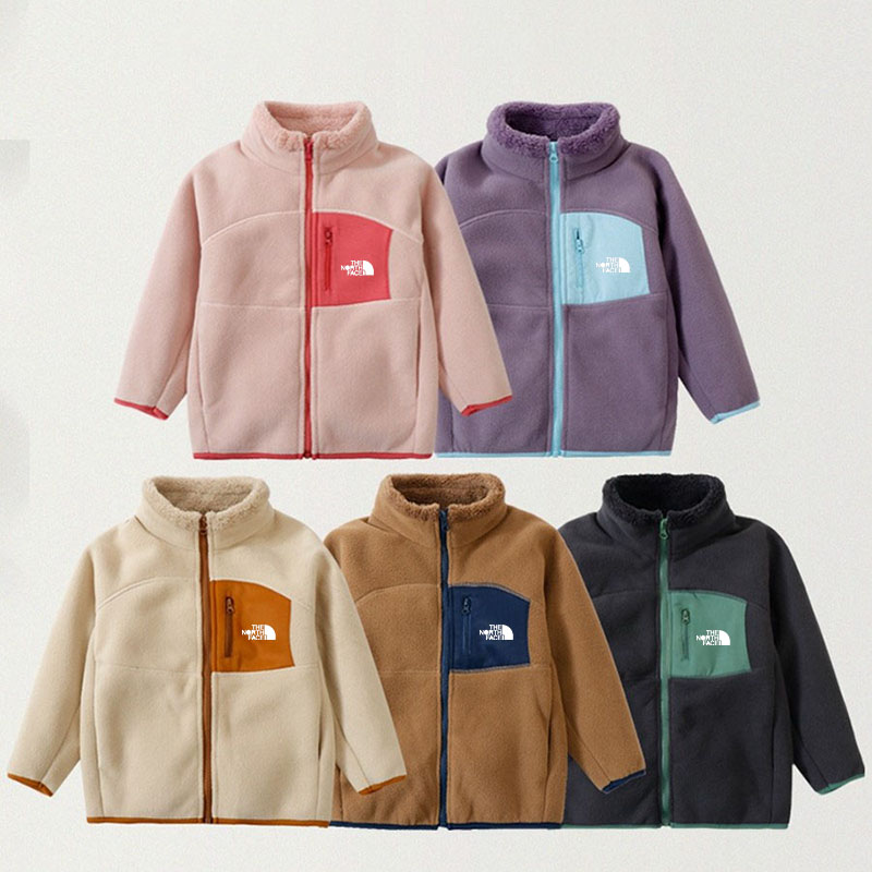 Designer Peak Kids Color Block Fleece Jacket Full Zip Stand Collar Warm Outdoor Boys Girls Winter Coat
