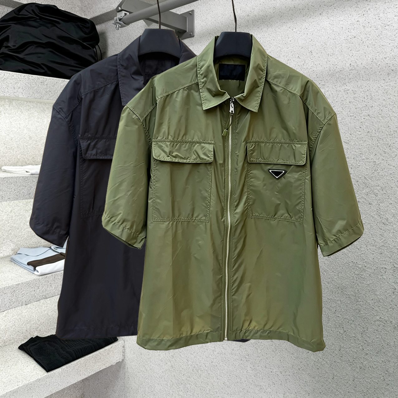 Lightweight zip-up casual shirt lapel outerwear, casual shirt army green thin windbreaker unisex outdoor casual short-sleeve jacket PD006