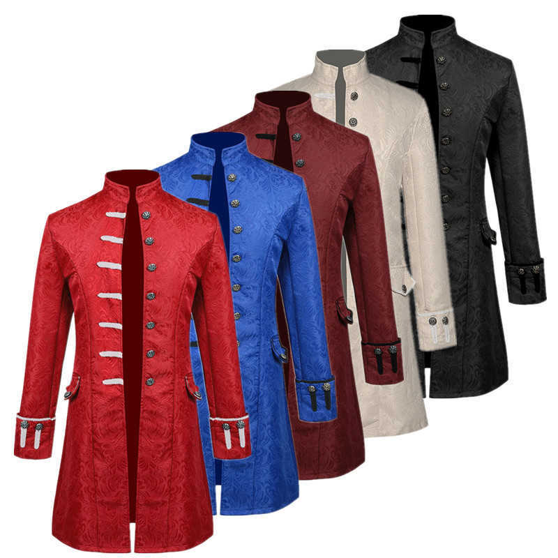 Men Thin Stage Performance New Dress Long Jacket Red / Blue / Black Male Stand-up Collar Jacquard Halloween Trench Coat D260902