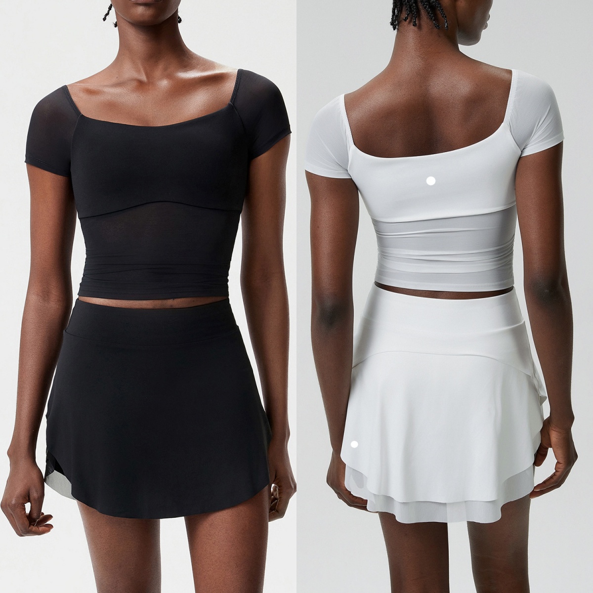 L6411-UU Chemise de Tennis de Yoga ajustée pour femmes jupe de Tennis irrégulière t-shirt de Fitness à manches courtes avec coussin de poitrine j