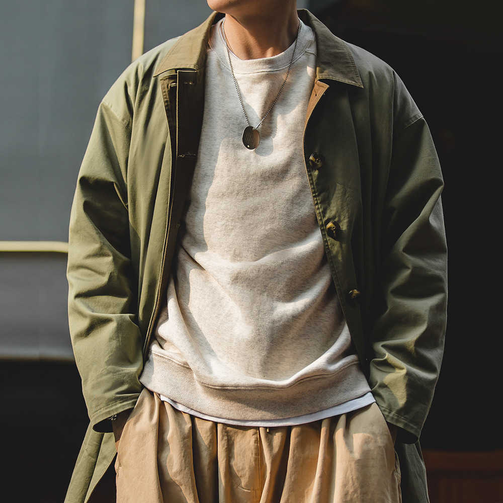 Balmacaan Trench Coat Loose Casual Fit Green Windbreaker Heavyweight Twill Vintage Long Jackets for Men's Fall and Winter D260902