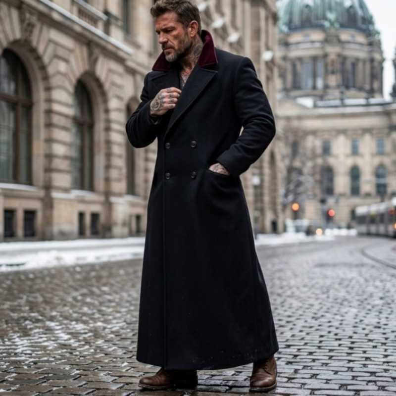 Coat New Ultra-Long Men's Trench | Thickened Wool Blend | Knee-to-Ankle Length | Street-Casual Overcoat for Winter Outerwear D260902
