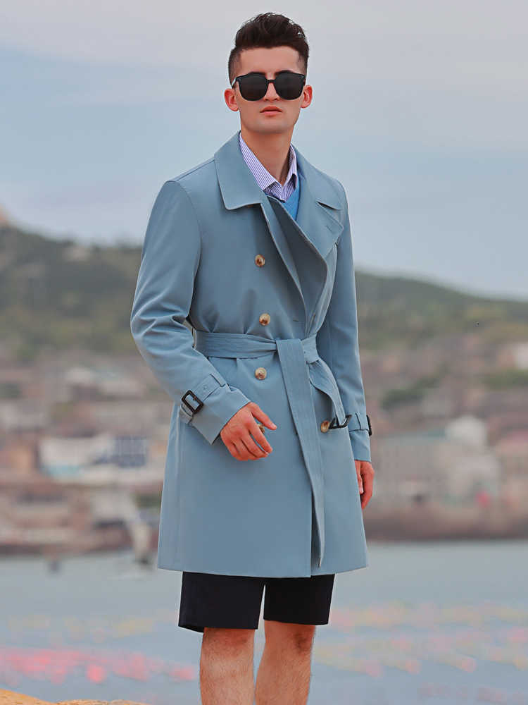 sky Men's Long windbreaker fashion blue double Lapel British trend autumn and winter new double row button handsome thin coat D260902