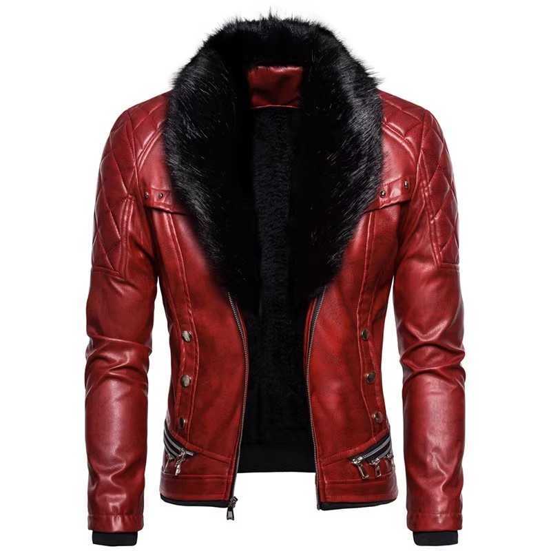 Winter Fleece Motorcycle Leather New Jacket Men Turn Down Fur Collar Slim Fit Warm PU Bomber Jackets Coats Mens Moto Biker Coat D2609021 99