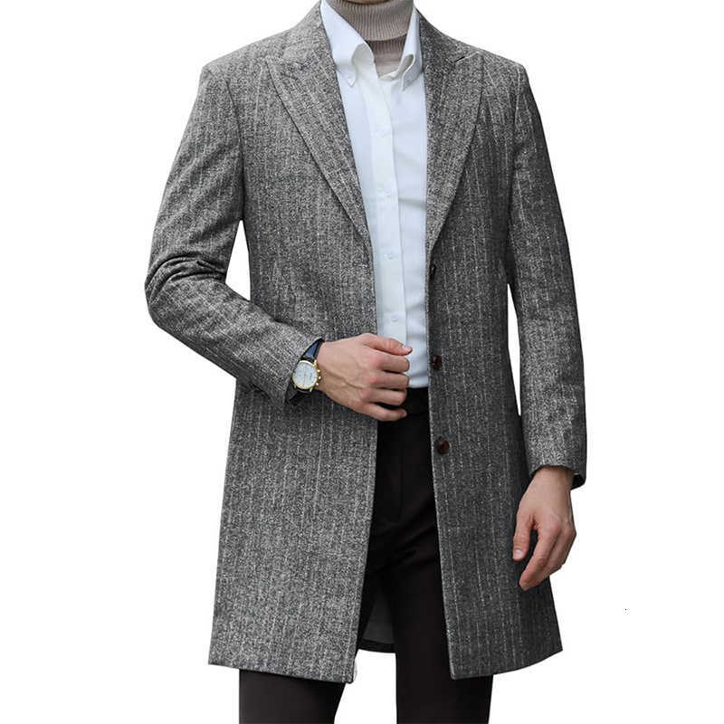 Casual Mid-length Woolen Coat Urban Winter European Fashion Leisure Stripe Light Business Button-down Trench Jacket D260902