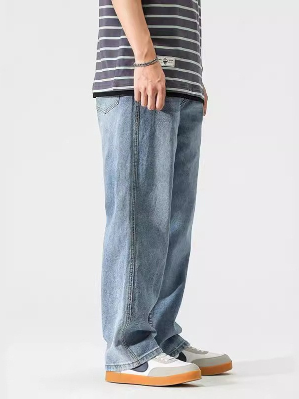 Men's Jeans 2026 Spring American Retro Heavyweight Multiple Pockets Light Blue Fashion 90%Cotton Washed Straight Casual Pant