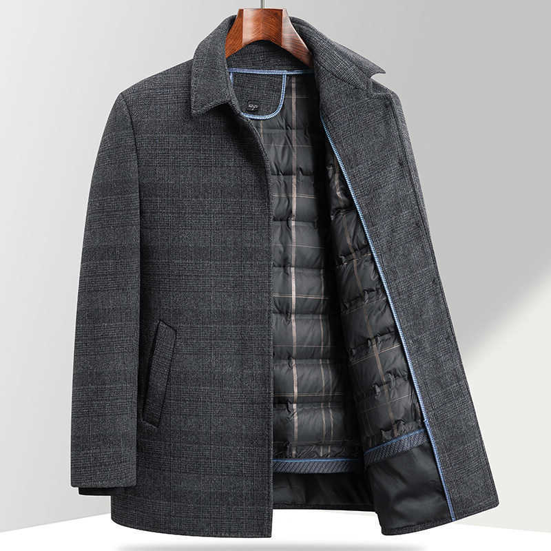 Winter New Men's Checkered 2024 Medium Long Woolen Coat with Thick Velvet for Warmth and Leisure Detachable Down Inner Tank D260902