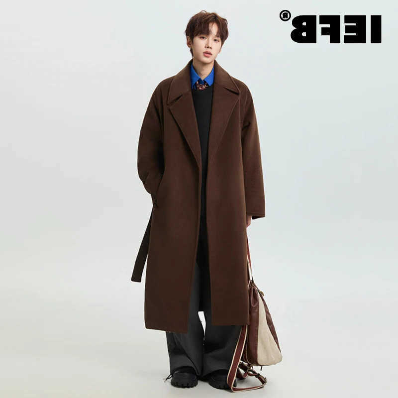 Coats IEFB Buttonless Men's Woolen Lapel Solid Color Thick Casual Menswear Korean Overknee Loose Belt Male Wool Coats 9X1512 D260902