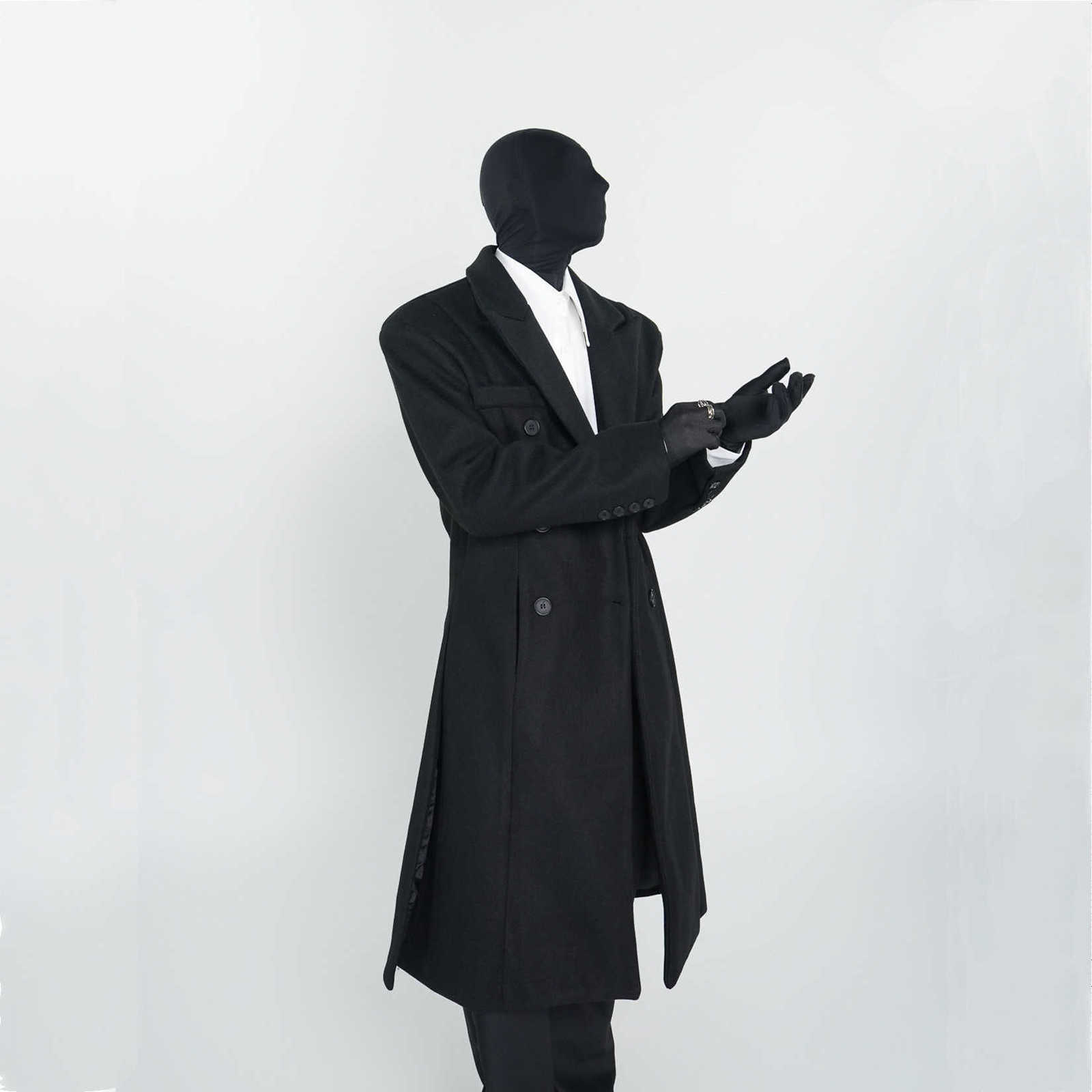 Shoulder Padded Autumn Suit Winter Collar Double-breasted Wool Coat Man Side Slit Design Black Woolen Trench Coat Long Jacket D260902