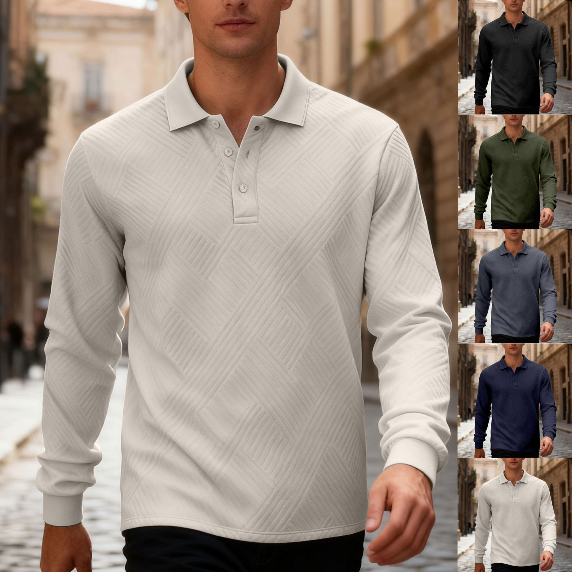 Designer New men's solid color loose casual polo shirt with long sleeves buttoned collar and jacquard texture sweatshirt f2