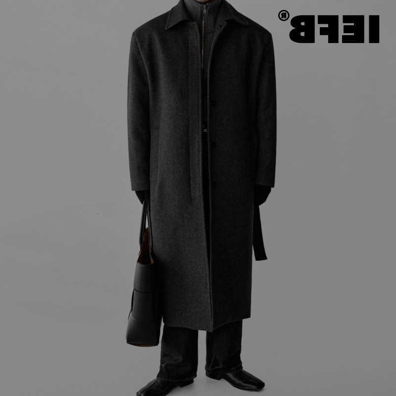 Solid IEFB Fashion Warm Color Men's Wool Coat Turn Down Collar Long Sleeves Belt Tie Waist Coats Winter New Tide 9X2077 D260902
