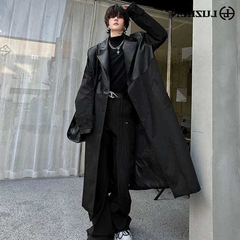 Long LUZHEN Korean Leather Splicing Trench Coat Men's Trendy Loose Knee Length Stylish Outwear Male 2024 Autumn Winter LZ5199 D260902