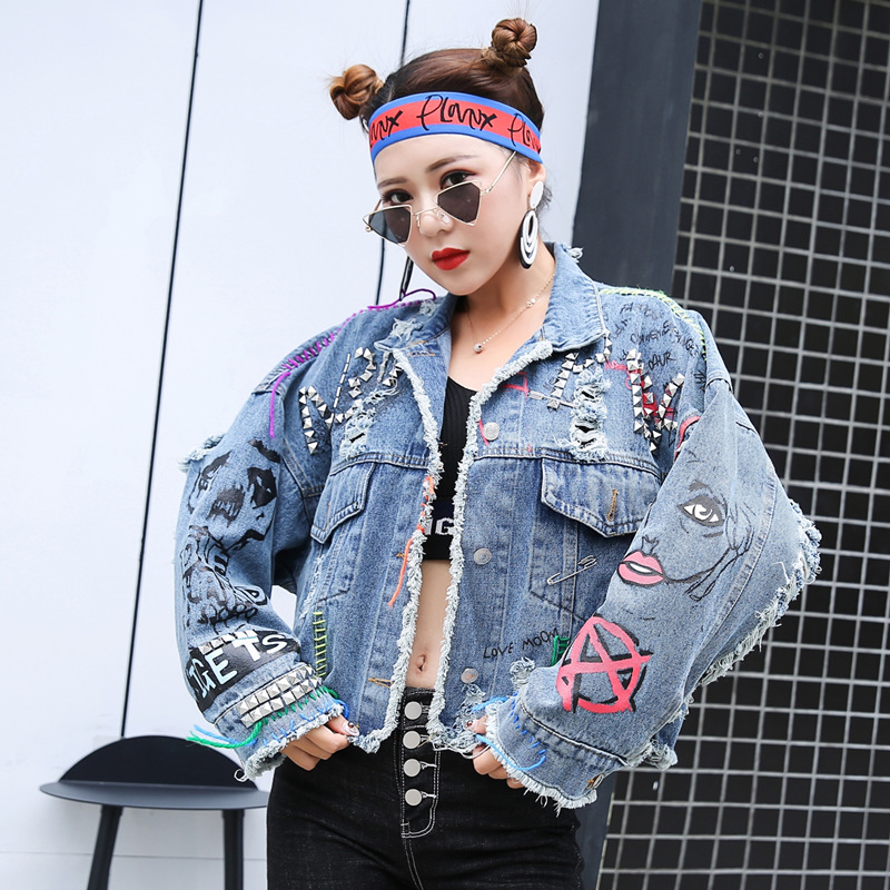 Trendy Graffiti Design Women S Essential Unique Short Frayed Heavy Duty Rivet Jacket With Colorful Tassels Denim Coat