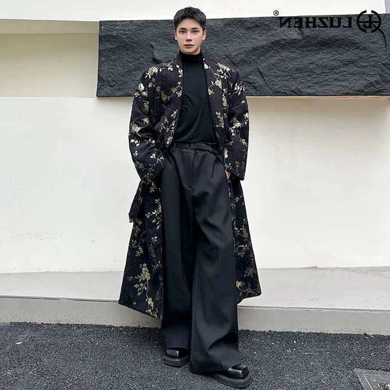Decorate LUZHEN Long Lace Up Trench Coat Chinese Floral Pattern Trendy Men Trench Outerwear Winter Autumn Tops LZ7106 D260902