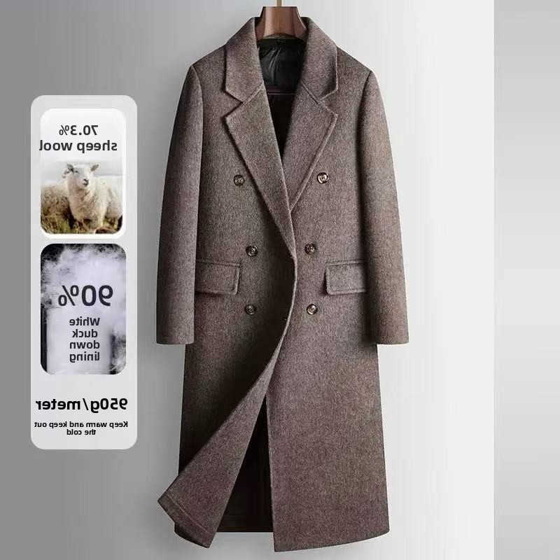 Long New Men's 2025 Autumn/Winter Cross Knee Double breasted Windbreaker Coat Warm Woolen Coat White Duck Down Inner Liner D260902
