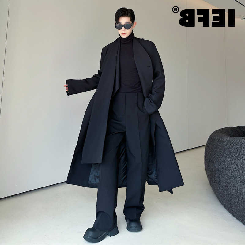 Woolen Style Men's IEFB Korean Coats Neckerchief Patchwork Solid Color Casual Overcoats Double Breasted Belt Overknee Tops 9X913 D260902