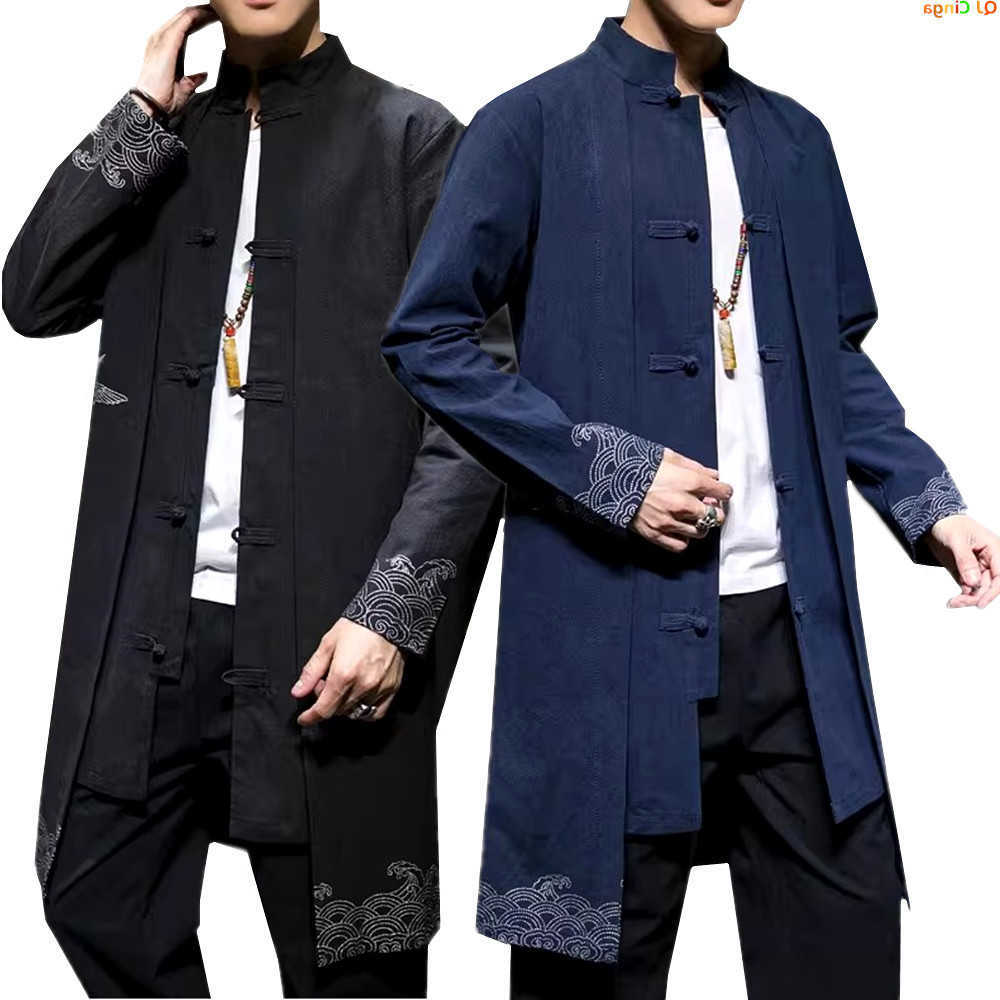 Trench Chinese-style Men's Coat Black Dark Blue Single-breasted Stand-up Collar Long Jacket Fashionable/ Casual/ Party Robe. D260902