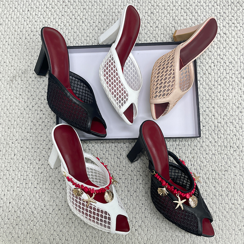 Summer New Slip On Mule Sandals Breathable Mesh Leather Splicing Sandals Summer 2026 Designer Mesh Cutout Outdoor Dress Shoes 1132