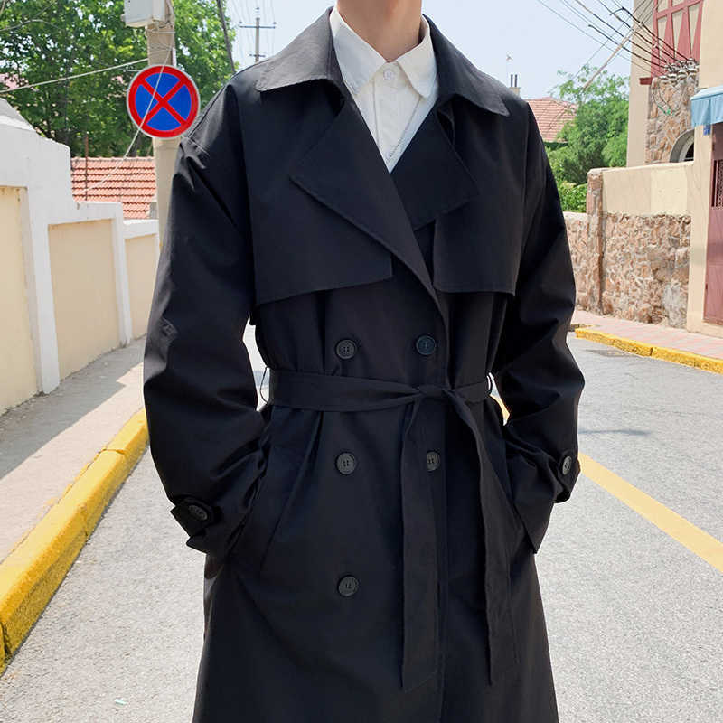 Korean Spring mens trench coat style Male Streetwear Windbreaker Trenchcoat Men Solid coats for men Casual Loose Long Overcoat D260902