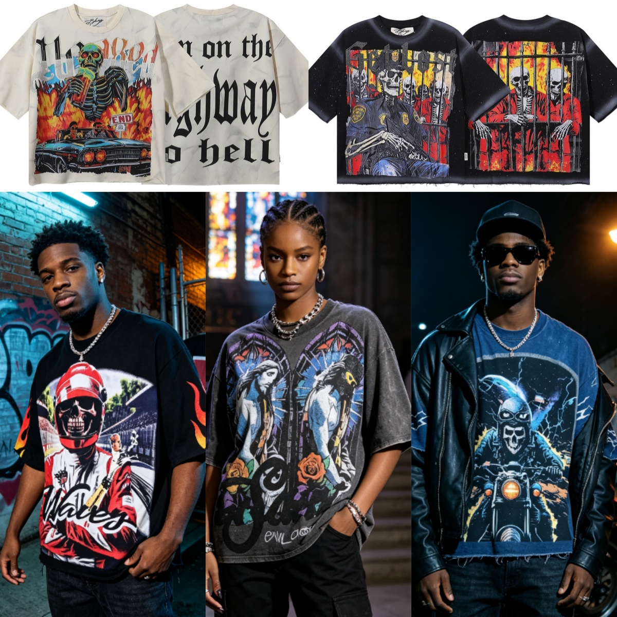 Designer BKYS Surdimensionné Vintage Graphique T-shirts Pour Hommes Rétro Crâne Clown Feu Imprimer Lâche Lavage Lourd T-shirts Streetwear Hip Hop