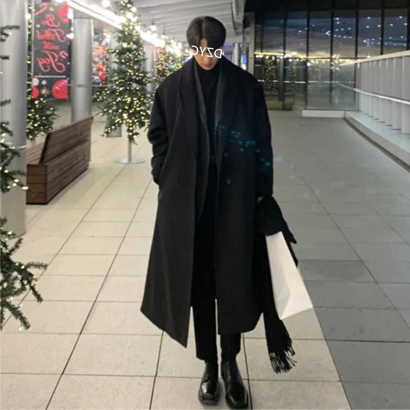 and Korean Jacket Fashion Winter Coat Men 2025 Mens Casual Thicken Wool Oversized Overcoat Male Streetwear Warm Belt Long Coats D260902