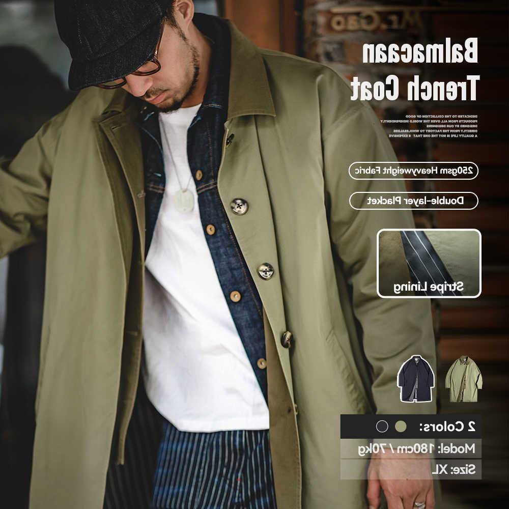 Coat Maden Trench Casual Balmacaan Loose Fit Green Windbreaker Heavyweight Twill Vintage Long Jackets for Men's Fall and Winter D260902