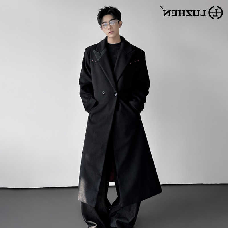 Belt LUZHEN New 2025 Winter Tie Up Waist Padded Shoulder Knee-length Windbreaker Coat Men Fashion Trench Clothes JY5710 D260902