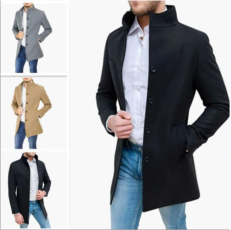 Coat Men Autumn Winter Tweed Solid Color Long Sleeve Turtleneck Button Pockets Casual Warm Fashion Comfortable Regular Standard D260902