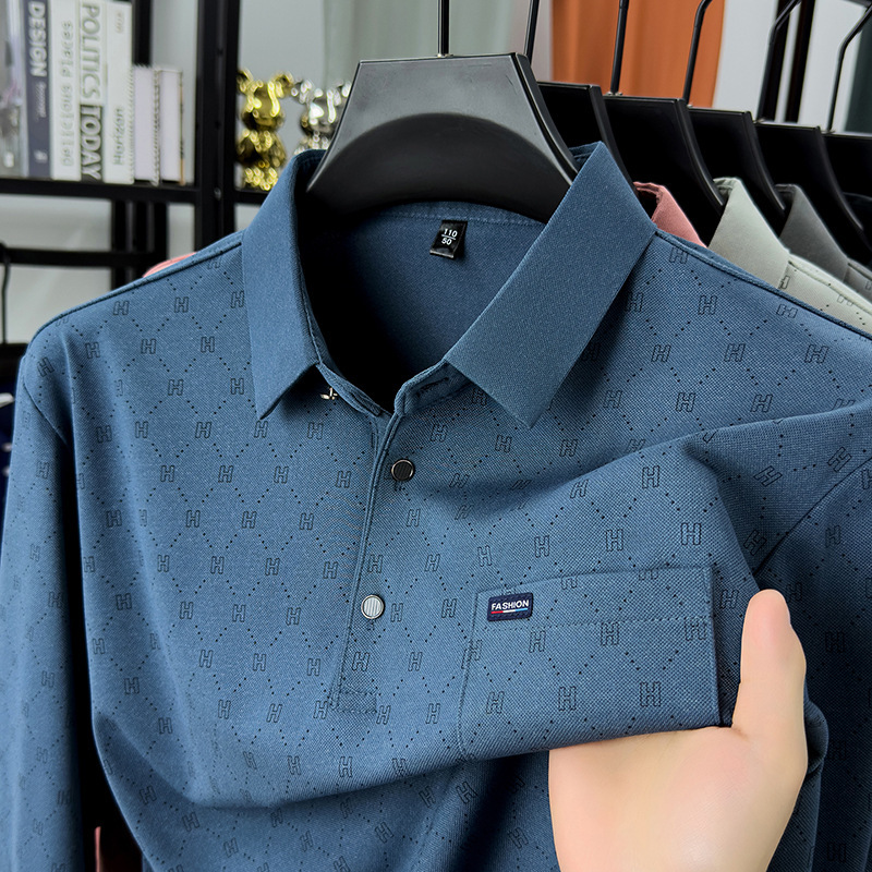 Real gestreept T-shirt met zak lente herfst, casual luxe zakelijk poloshirt met lange mouwen voor heren voor mannen van middelbare leeftijd en jonge