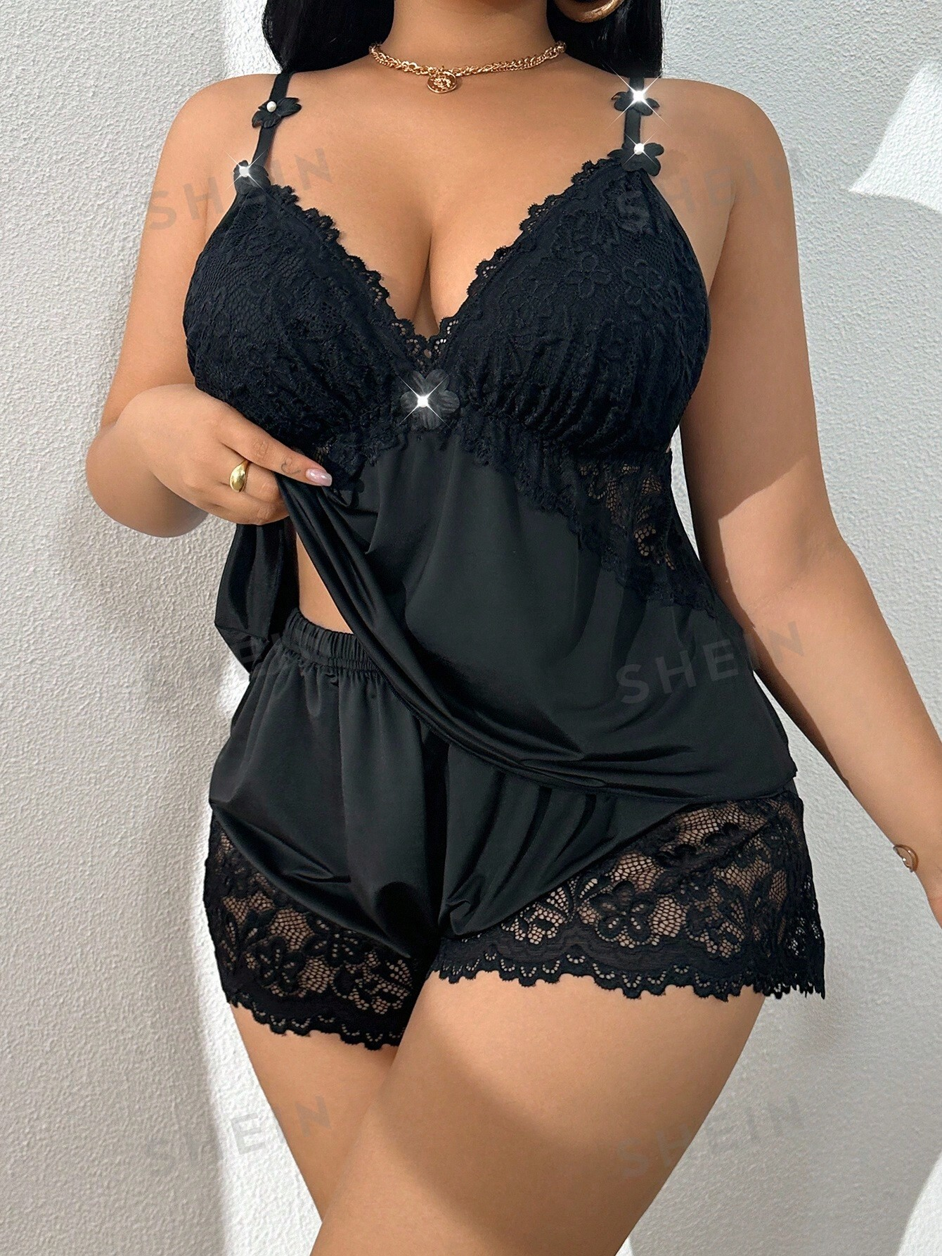 Plus Size Women Lace Satin Lingerie Set Rhinestone Spaghetti Strap Cami Top + Shorts 2 Pieces Sleepwear Nightwear Loungewear