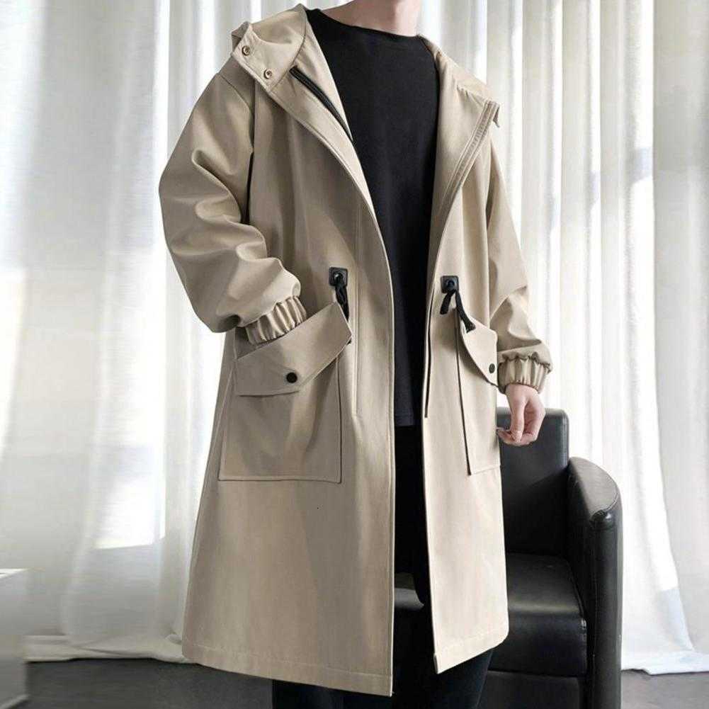 Trench 2024 Spring Korean Style Coat Hooded Loose Big Pockets Windbreaker Windproof Men Daily High Street Overcoat Men Clothes D260902