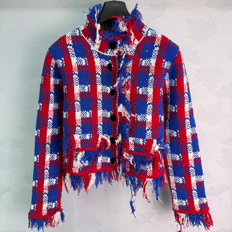 Designer Plaid Rouge Bleu Laine Pull Cardigan Marque Femmes À Manches Longues Strass Bouton Cardigans Élégant Street Style Anniversaire Dîner De
