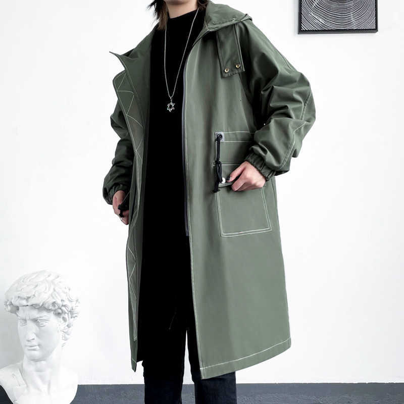 Trench Mens Hooded Military Green Coat 2025 Mid Length Outdoor Casual Trendy Youth Topstitching Patch Pockets Unique Fashion D260902
