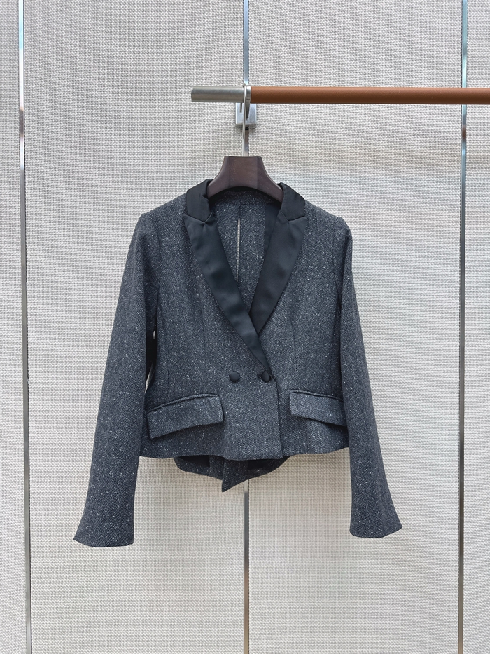 2026 Autumn Grey Solid Color Panelled Blazers Long Sleeve Notched-Lapel Double-Breasted Outwear Coats WS6S02 Check Size Chart Please