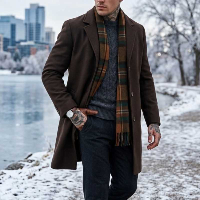 Long Men's New Blended Winter Coat with Single-Button Closure Business-Casual Jacket Men Street-Ready Suit-Style Outerwear D260902