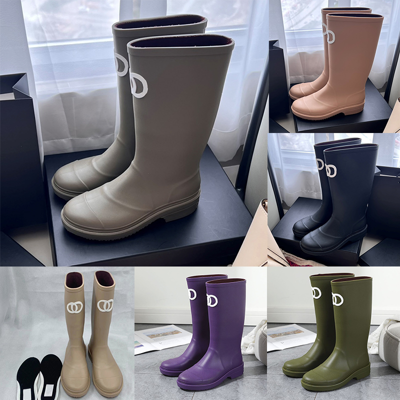 with box designer boots women rain booties waterproof comfortable long booties thick-soled fashion luxury boots black green brown purple