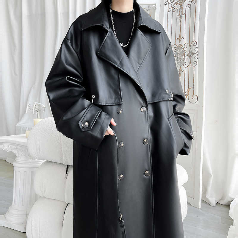 Men Long Black Pu Autumn Leather Jacket Men Oversized Cool Trench Coat Men Windbreaker Streetwear Double Breasted Clothes D260902