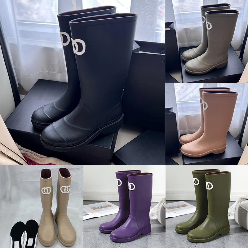 with box designer boots women rain booties waterproof knee high boot comfortable long booties thick-soled fashion boots black green brown purple