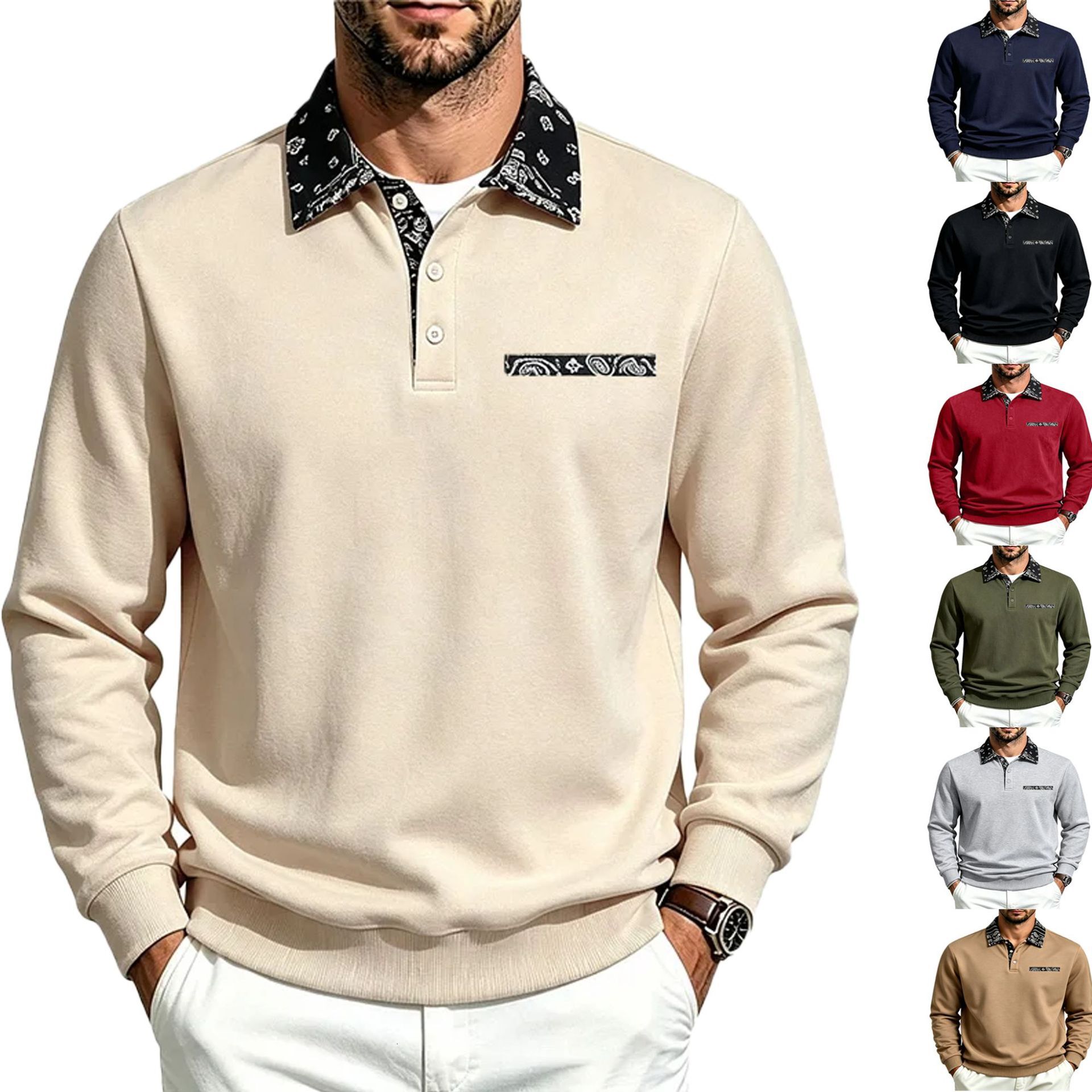Designer clothing autumn and winter new American high street style paisley color-block collar Polo sweatshirt men's long-sleeve casual pullover