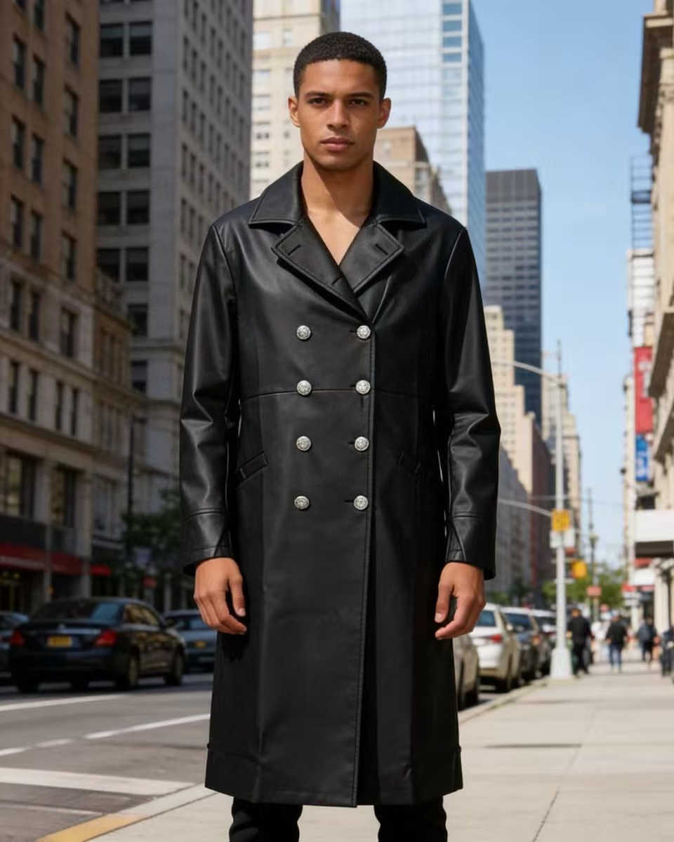 large-sized double-breasted PU leather Men's long coat black outer jacket D260902